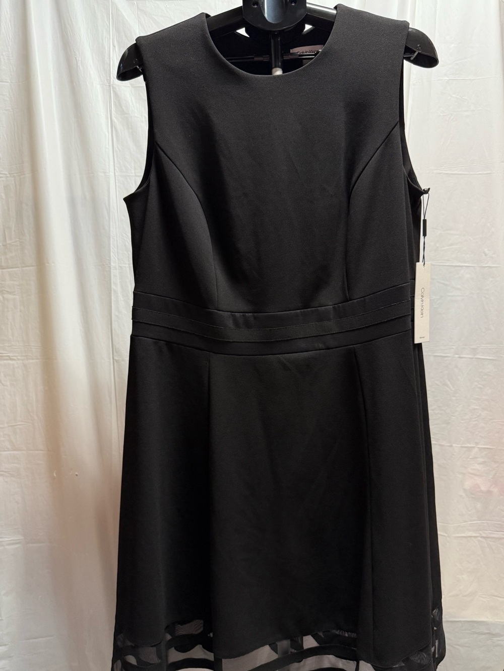 Calvin Klein 14W Black Fit Flare Dress Plus Size Sleeveless Mesh Hem NWT